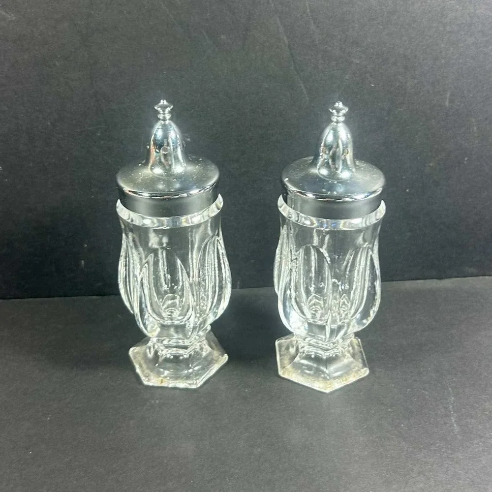 Vintage Fostoria Crystal Revere Footed Metal Lid Salt and Pepper Shaker Set